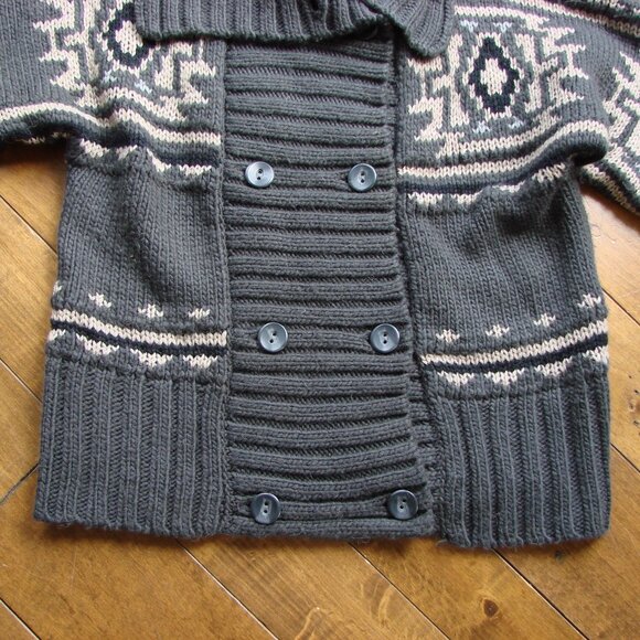 Chunky Knit Cardigan Sweater Gray Cream Aztec Pattern Wool Alpaca Blend Medium - Picture 7 of 16
